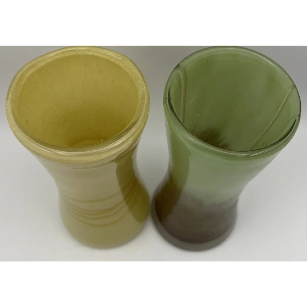 Pair of Green & Brown & Yellow Swirled Modern Art Glass Hour Glass Vases 6